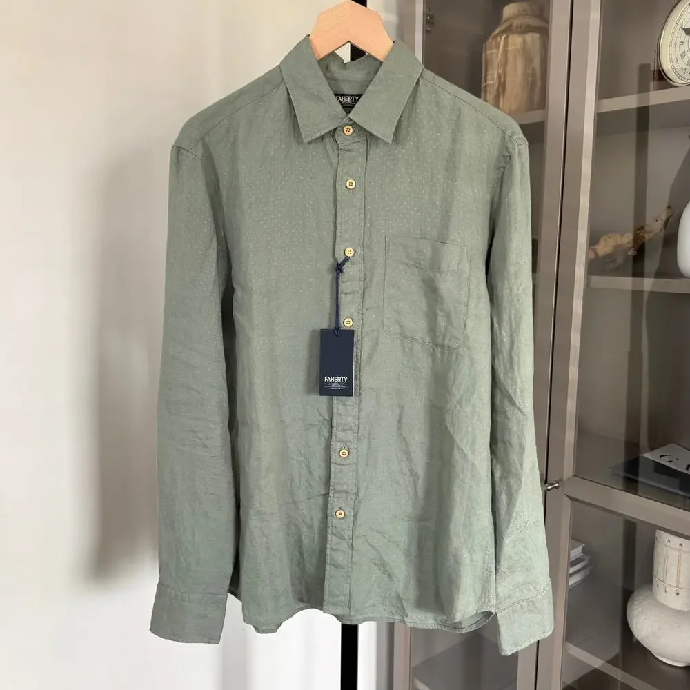 Faherty Linen Laguna Storm Doby Green Long Sleeve Shirt XL NEW Button Up Pocket - Picture 2 of 7